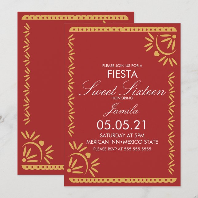Papel Picado Fiesta Sweet 16 Mexican Scallop Blue Einladung (Vorne/Hinten)