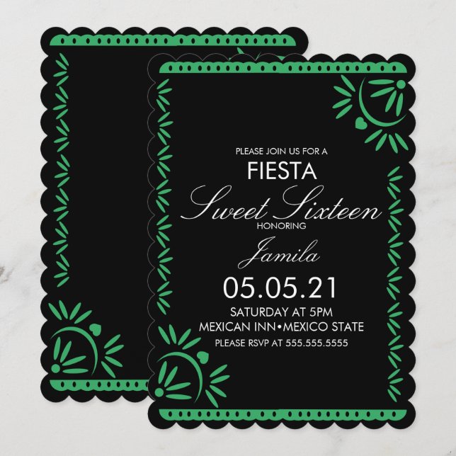 Papel Picado Fiesta Sweet 16 Mexican Scallop Green Einladung (Vorne/Hinten)