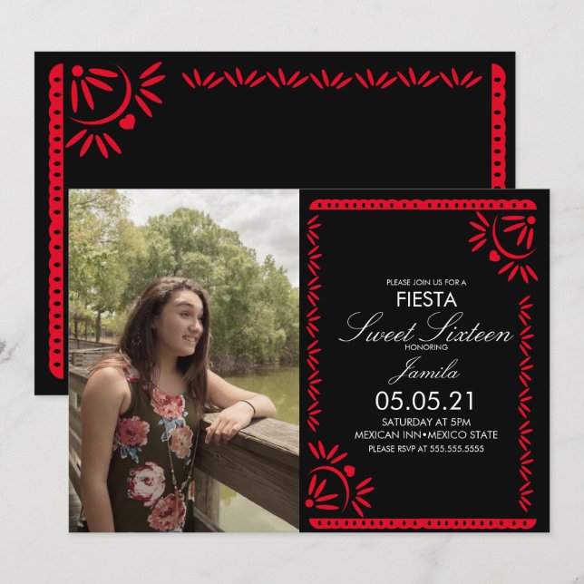 Papel Picado Fiesta Sweet 16 Mexikanisches Foto Einladung (Vorne/Hinten)