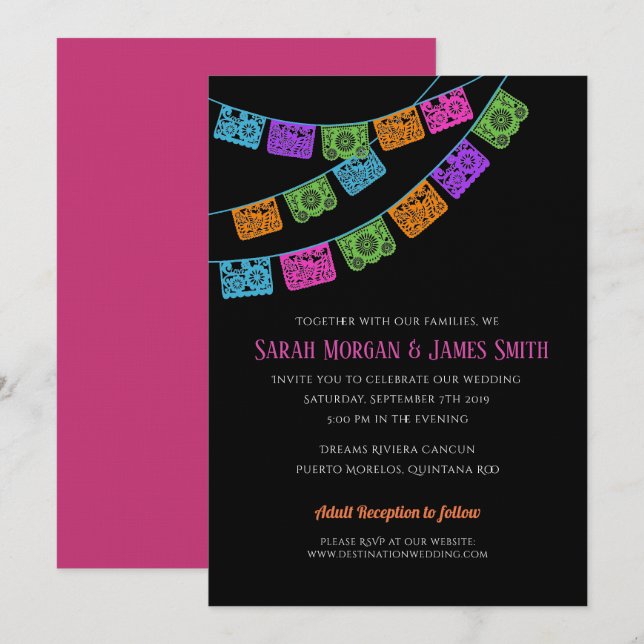 Papel Picado Hochzeit in Urlaubsort Fiesta Einladung (Vorne/Hinten)