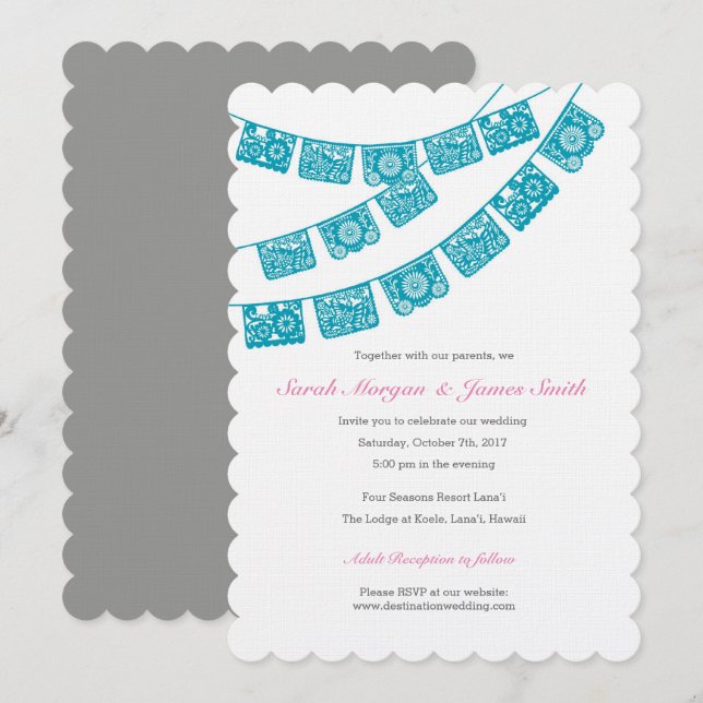 Papel Picado Hochzeits-Party laden aquamarines ein Einladung (Vorne/Hinten)