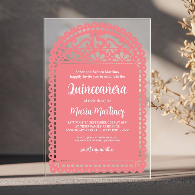 Papel Picado Inspiriert Pink Quinceanera Geburtsta Acryleinladungen (Introducing our simple and elegant Quinceanera invitation, inspired by papel picado art.)