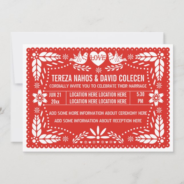 Papel picado liebt Vögel auf Rote Hochzeit Einladung (Vorderseite)