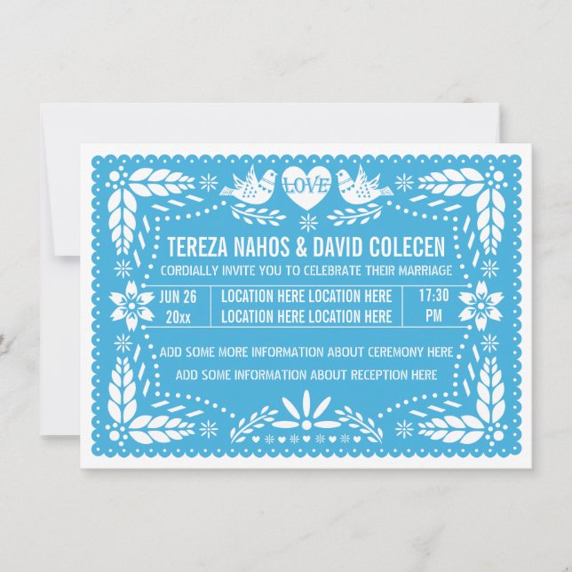 Papel picado liebt Vögel Blaue Hochzeit Einladung (Vorderseite)