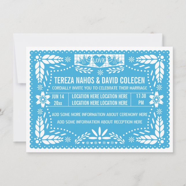 Papel picado liebt Vögel Blaue Hochzeit Einladung (Vorderseite)
