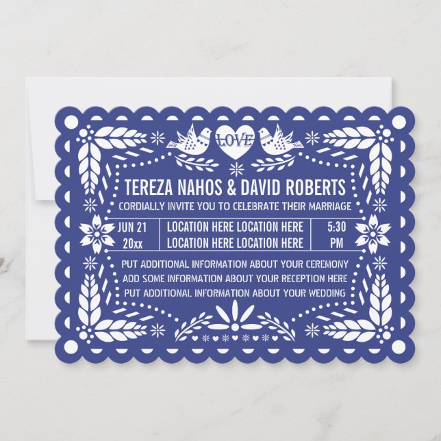 Papel picado liebt Vögel dunkelblaue Fiesta Einladung (Vorderseite)