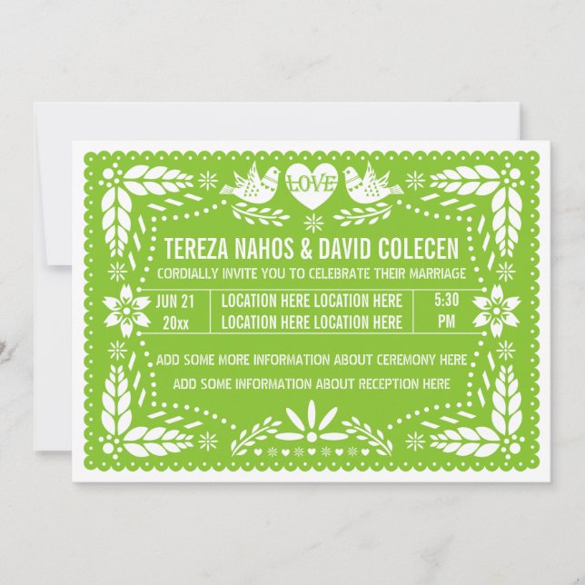Papel picado liebt Vögel Frühlingsmilch grüne Hoch Einladung (Vorderseite)
