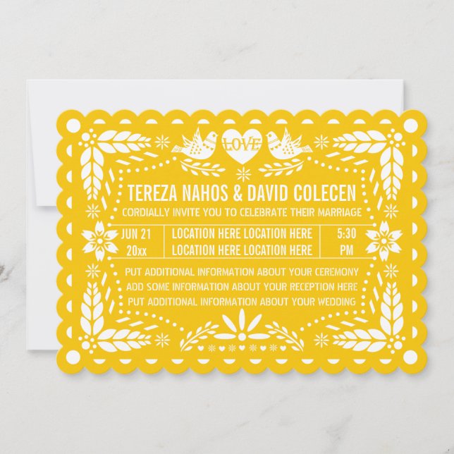 Papel picado liebt Vögel Gelbe Fiesta Einladung (Vorderseite)