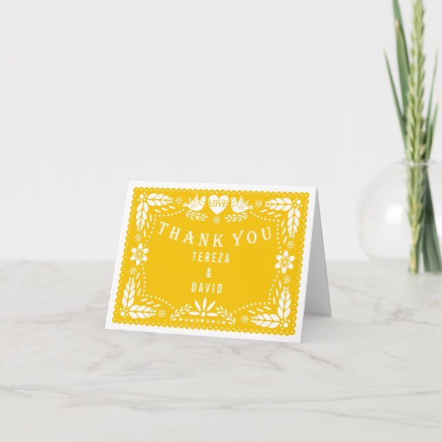 Papel picado liebt Vögel gelbe Hochzeit Danke (Vorderseite)