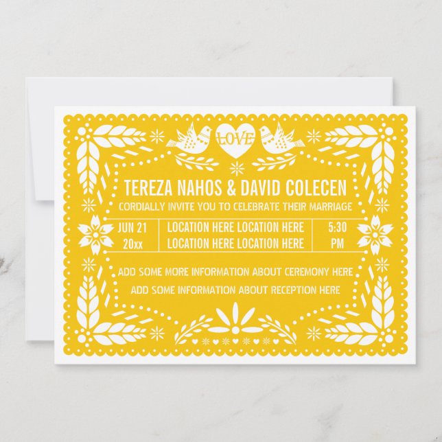 Papel picado liebt Vögel, gelbe Hochzeit Einladung (Vorderseite)