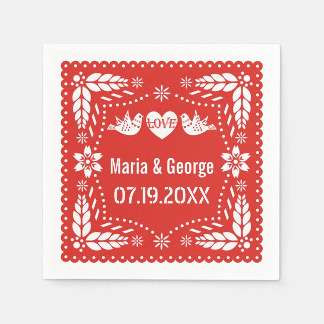 Papel picado liebt Vögel Rotes Hochzeitsfiesta Serviette (Vorderseite)