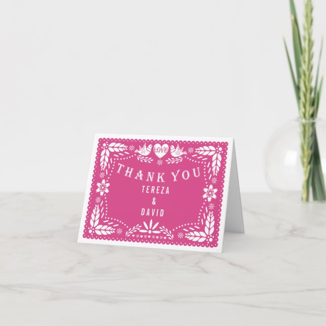 Papel picado love birds pink wedding Thank You Dankeskarte (Vorderseite)