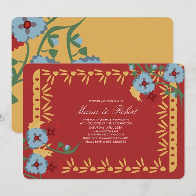Papel Picado Mexican Botanical Florals Fiesta Einladung (Vorne/Hinten)