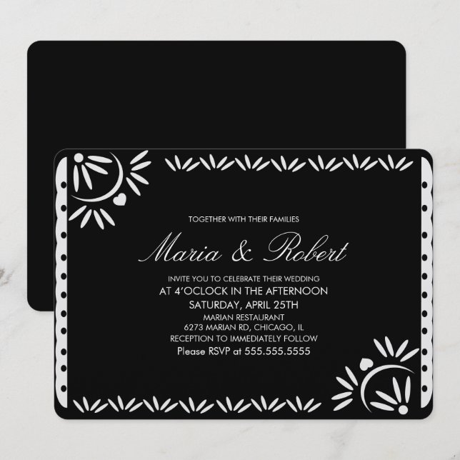 Papel Picado Mexican Botanical Wedding Black Einladung (Vorne/Hinten)