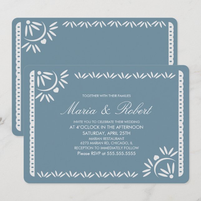 Papel Picado Mexican Botanical Wedding Blush Blue Einladung (Vorne/Hinten)