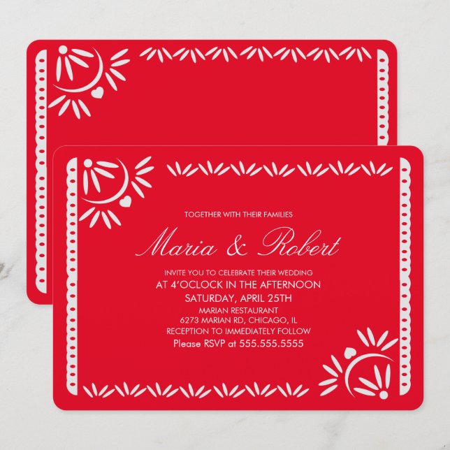 Papel Picado Mexican Botanical Wedding Red Kraft Einladung (Vorne/Hinten)
