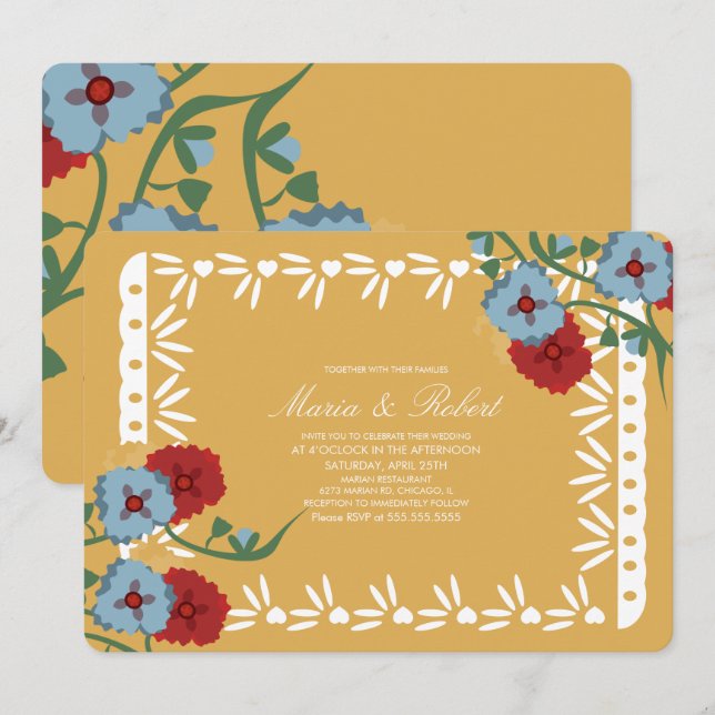 Papel Picado Mexiko Botanische Blumenfiesta Gelb Einladung (Vorne/Hinten)