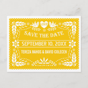 Papel picado Moderne gelbe Hochzeit Sichern des Da Ankündigungspostkarte