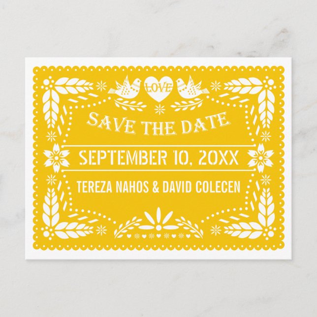 Papel picado Moderne gelbe Hochzeit Sichern des Da Ankündigungspostkarte (Vorderseite)