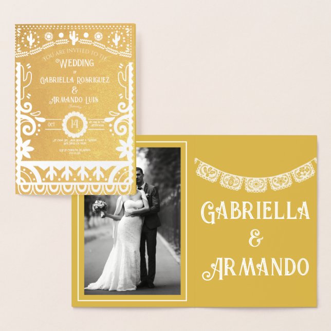 Papel Picado Mustard Yellow & White Wedding Foil Folienkarte (Anzeige)