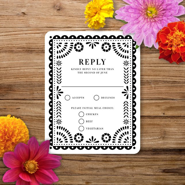 Papel Picado noir | Carte RSVP de réponse Mariage (Créateur téléchargé)