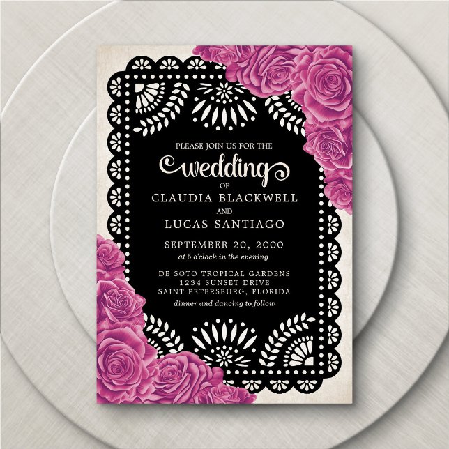 Papel Picado Rose Pink Black Wedding Einladung (Von Creator hochgeladen)