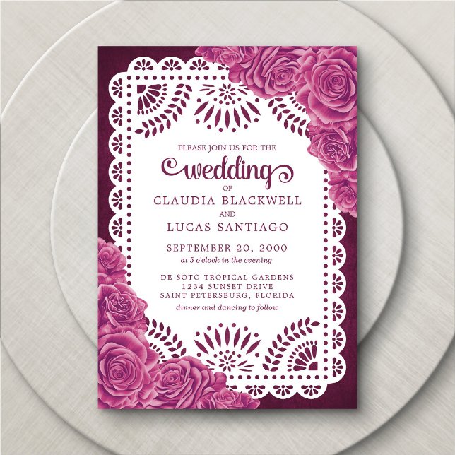 Papel Picado Rose Pink Burgundy Wedding Einladung (Von Creator hochgeladen)