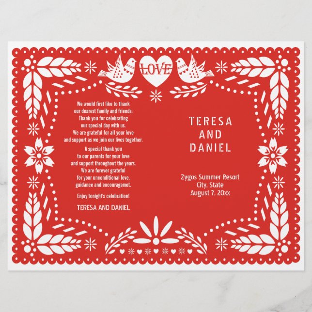 Papel Picado Rotes Hochzeitsprogramm (Vorderseite)