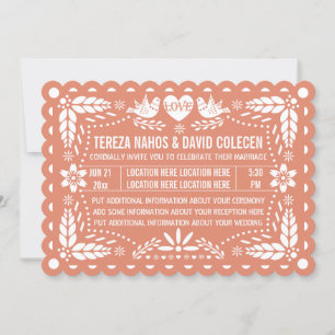Papel Picado Stil Liebesvögel Pfirsichfiesta Hochz Einladung