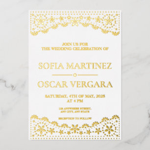 Papel Picado White and Gold Wedding Folieneinladung