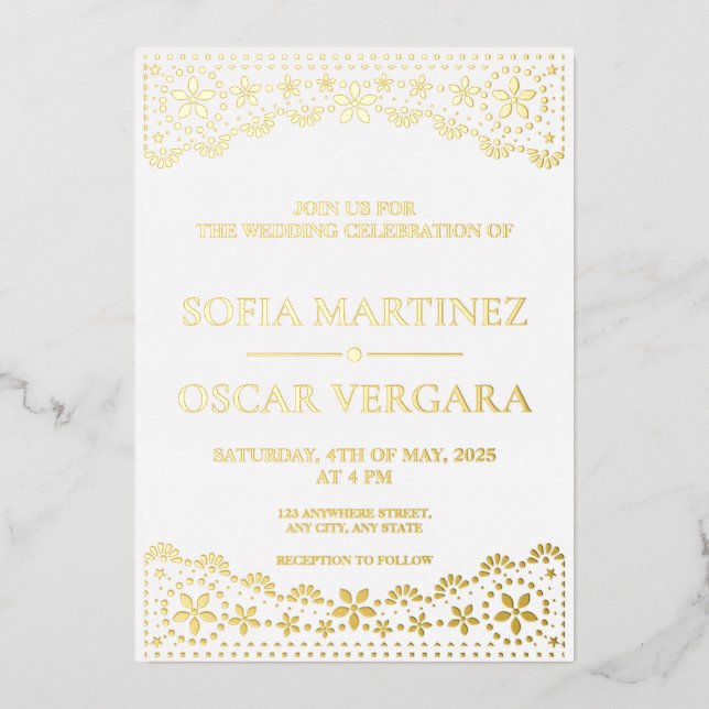 Papel Picado White and Gold Wedding Folieneinladung (Vorderseite)