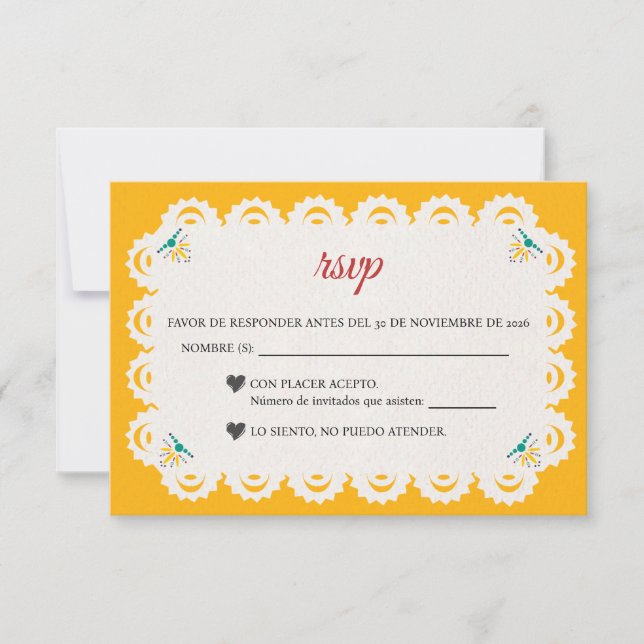 Papel Picado Yellow Nuestra Boda Spanish Wedding RSVP Karte (Vorderseite)