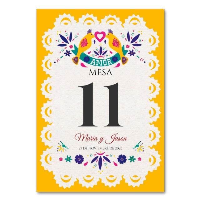 Papel Picado Yellow Nuestra Boda Spanish Wedding Tischnummer (Vorderseite)