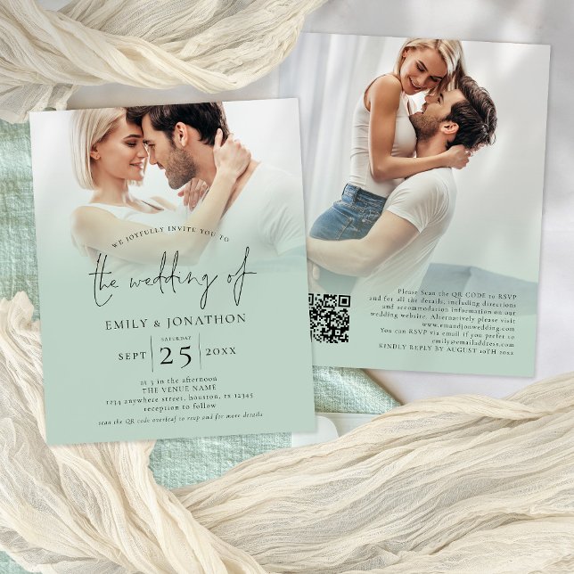 PAPER 2 Foto Overlay Script QR Sage Wedding Flyer (Front and back view of budget PAPER 4.5 x 5.6" invitation)