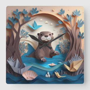 Paper Art Origami Otter in Water 3D Quadratische Wanduhr