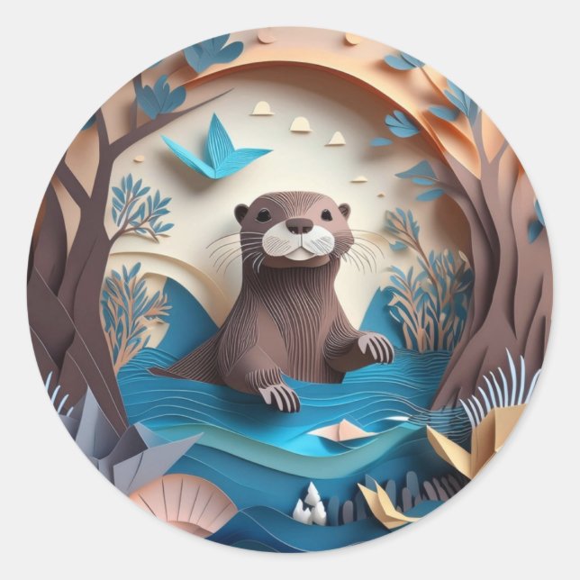 Paper Art Origami Otter in Water 3D Runder Aufkleber (Vorderseite)
