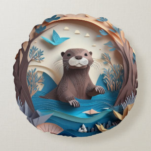 Paper Art Origami Otter in Water 3D Rundes Kissen