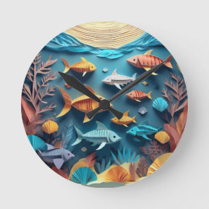 Paper Art Origami Sea Life Scene 3D Runde Wanduhr