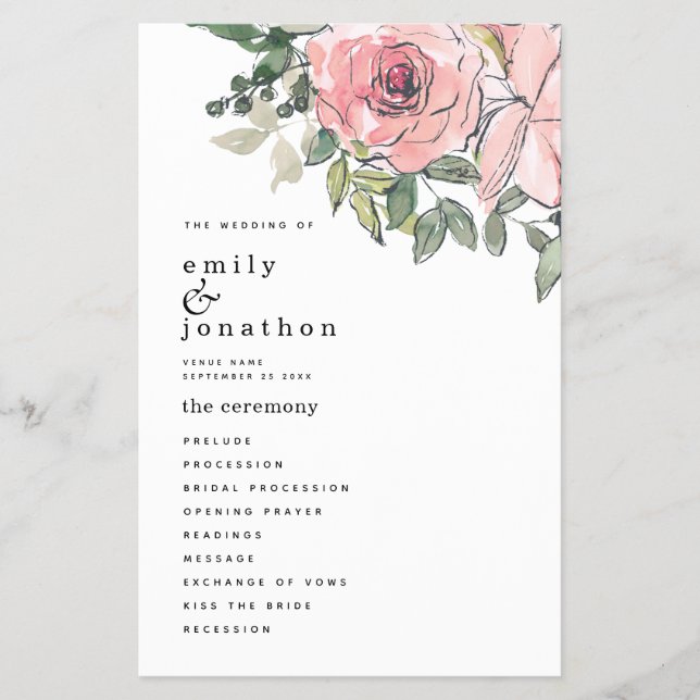 PAPER Blush Pink Florals Hochzeitsprogramm (Vorne)