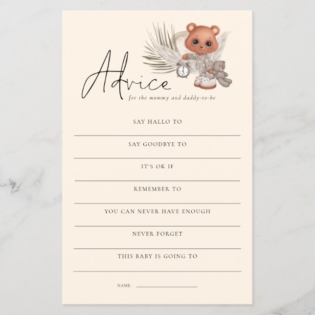 PAPER Boho Bear Advice Mama Vater Baby Showspiel Flyer (Vorne)