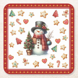Paper Coaster Snowman and Christmas Cookies Red Rechteckiger Pappuntersetzer