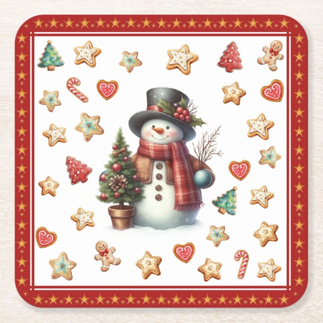Paper Coaster Snowman and Christmas Cookies Red Rechteckiger Pappuntersetzer (Vorderseite)