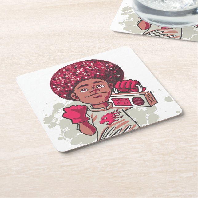 Paper Coaster – YOUTH Power Afro & Boombox Urban Rechteckiger Pappuntersetzer (angewinkelt)
