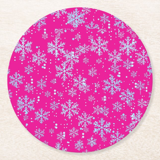 Paper Coasters, Bright Fuchsia Snowflakes Runder Pappuntersetzer (Vorderseite)