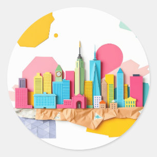 Paper Collage City Skyline Runder Aufkleber
