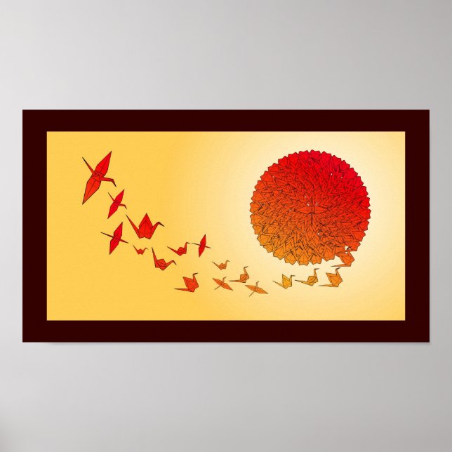 Paper cranes forming into the rising sun. poster (Vorne)