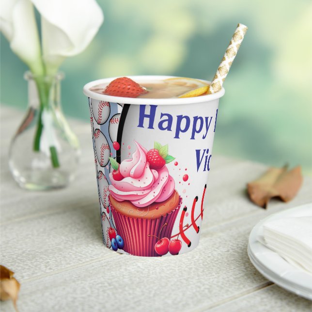 Paper Cup Blue White Stripe Birthday Baseball Pappbecher (In Situ)