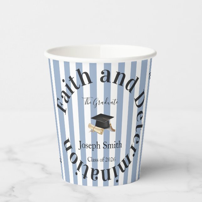 Paper Cup Blue & White Stripe Graduate 2026 Pappbecher (Links)