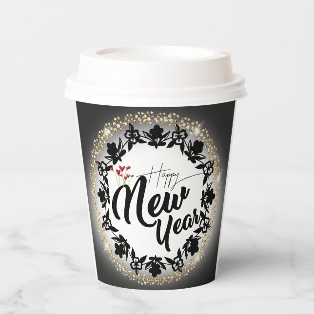 Paper cup para navidad con feliz año nuevo dorado pappbecher (Vorderseite)