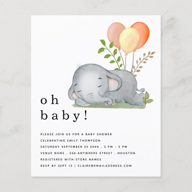 PAPER Elephant Asleep Yellow Baby Dusche laden Flyer (Vorne)